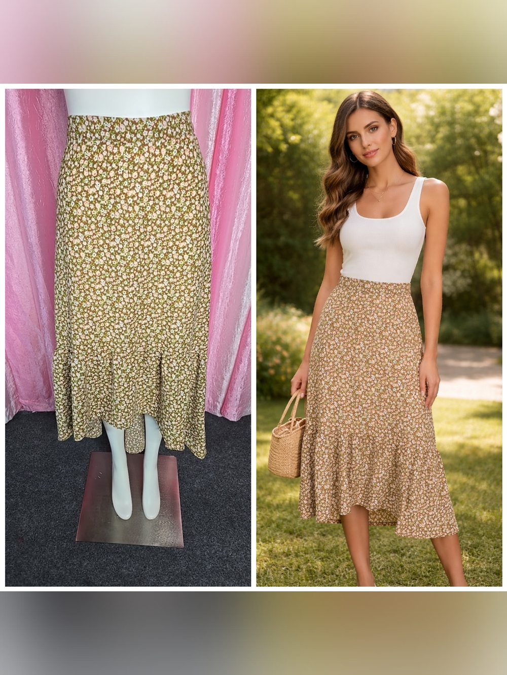 Altar'd State Brown Floral High Low Ruffle Maxi Boho Skirt Size Large